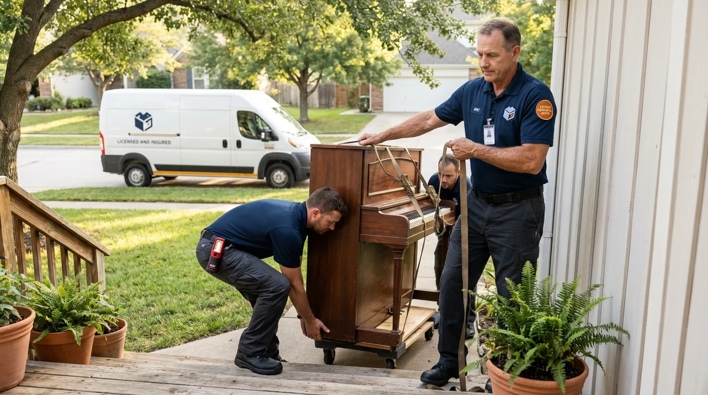 Licensed piano movers securing grand piano in Hyde Park, NY