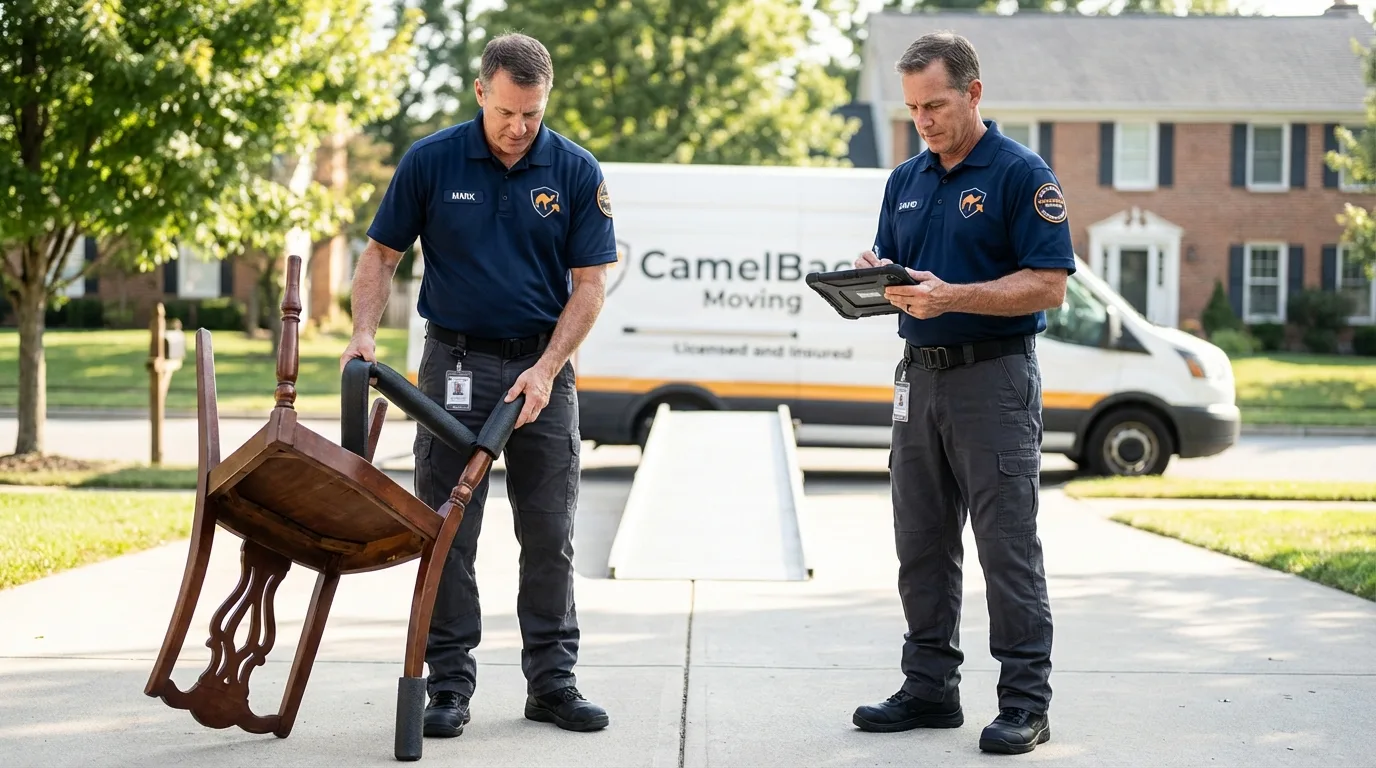 Movers inspecting furniture for damage prevention before loading in Hyde Park, NY