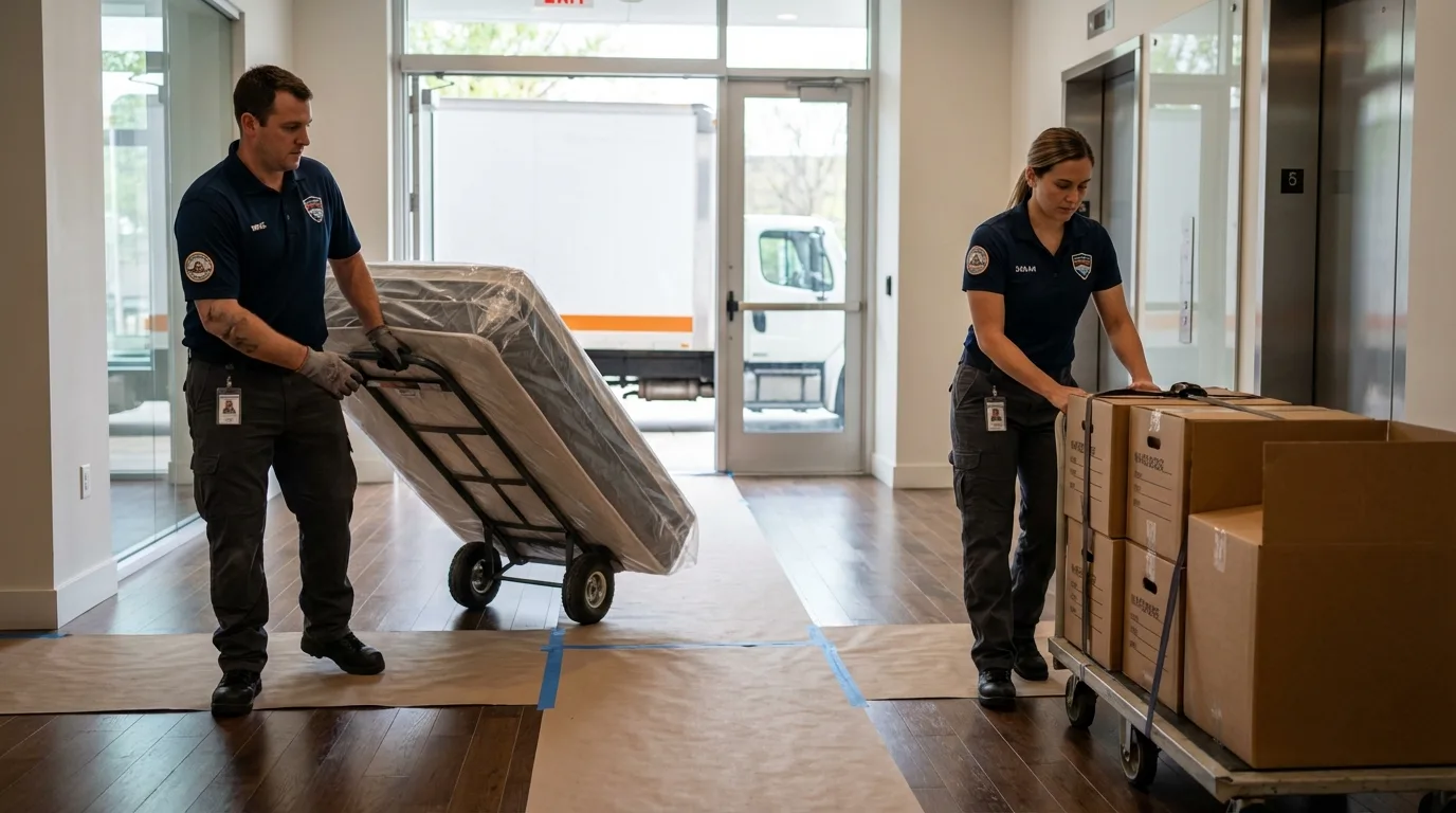 Professional apartment movers loading elevator in Hyde Park, NY