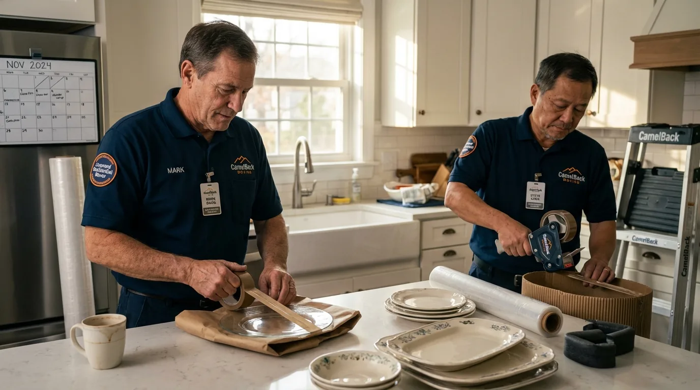 Professional crew packing kitchen dishware in Hyde Park, NY